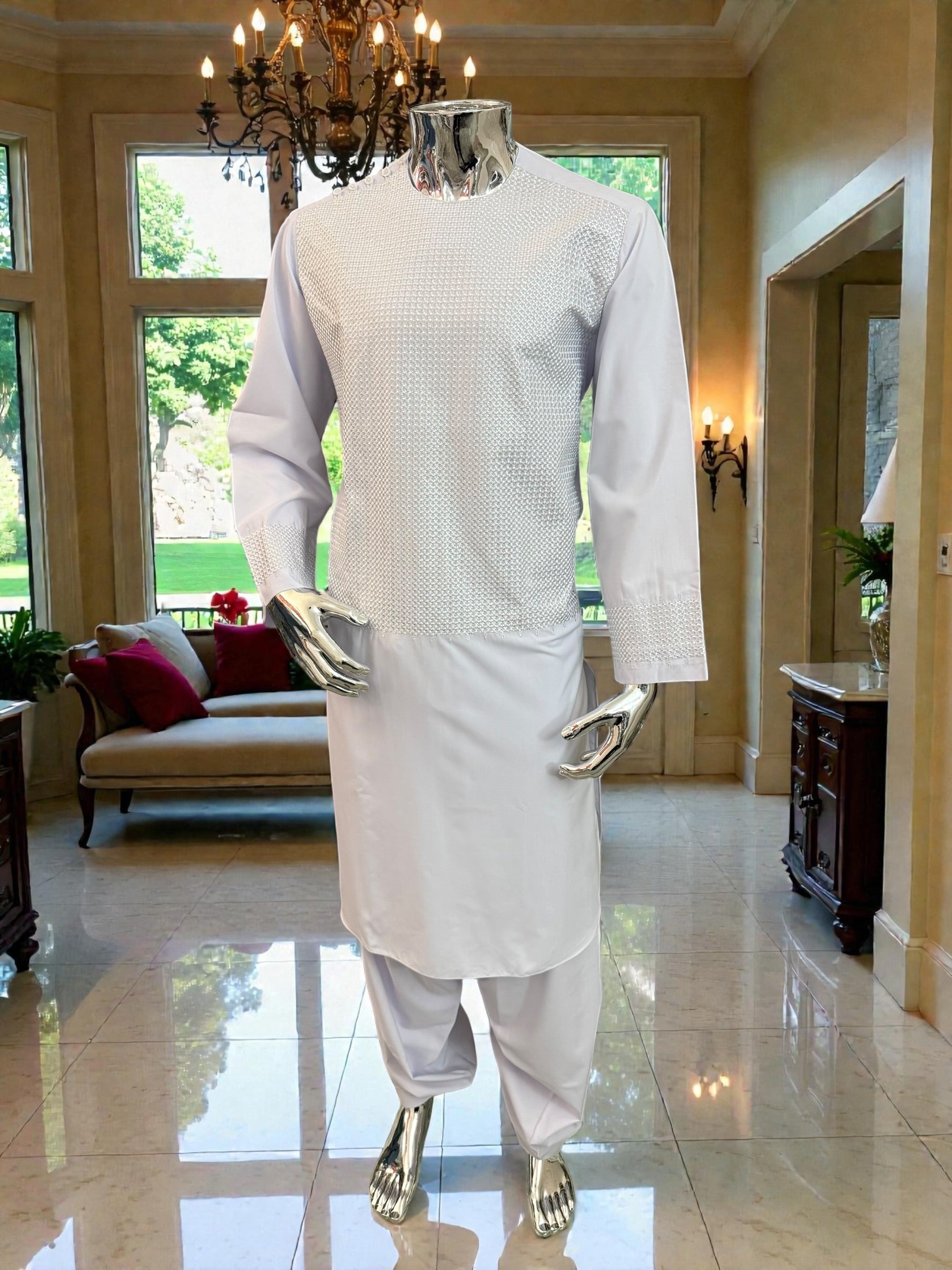 Men’s White Parahan Tumban with Matching Machine Embroidery – Traditional Afghan Outfit, Medium