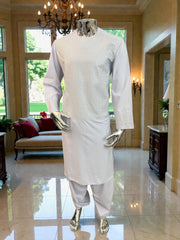 Men’s White Parahan Tumban with Matching Machine Embroidery – Traditional Afghan Outfit, Medium