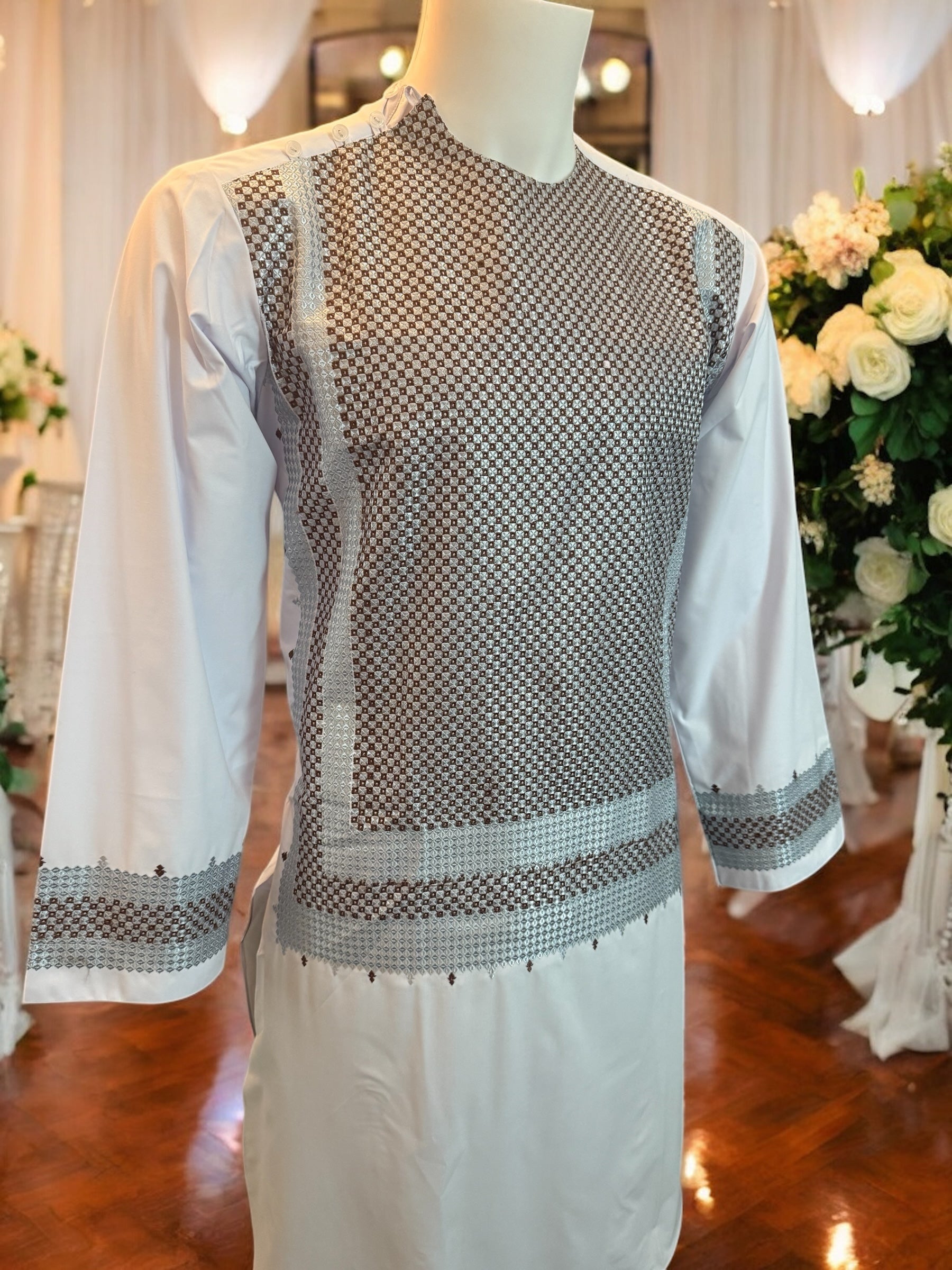 Afghan Parahan Tunban Kameese Shalwar Machine Embroidered White Small