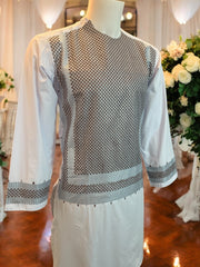 Afghan Parahan Tunban Kameese Shalwar Machine Embroidered White Small