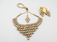 Pakistani Indian Kundan Bridal Jewelry Set – Gold Tone Crystal Statement Necklace, Earrings & Maang Tikka | Wedding & Party Jewelry 022