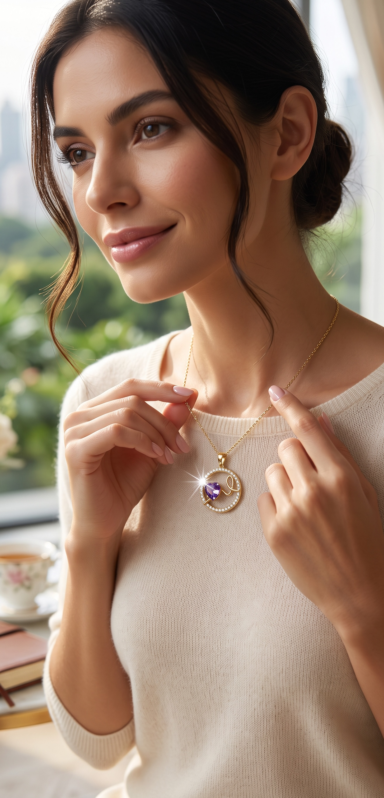 Purple Heart Crystal Pendant Necklace – Gold Tone Stainless Steel Love Pendant 7154