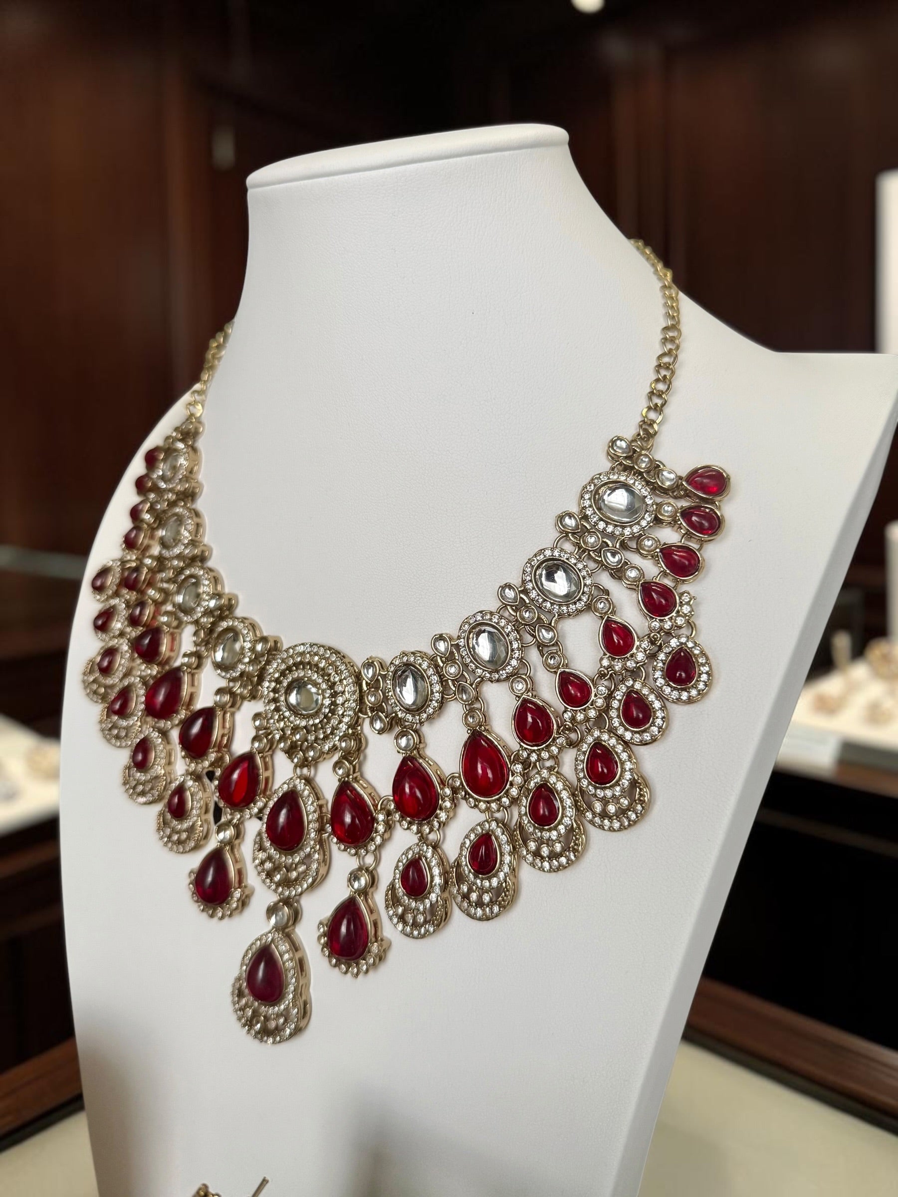 Ruby Red Kundan Half Bridal Jewelry Set – 5-Piece Necklace, Earrings, Sheeshphool, Nath & Adjustable Rings 6060