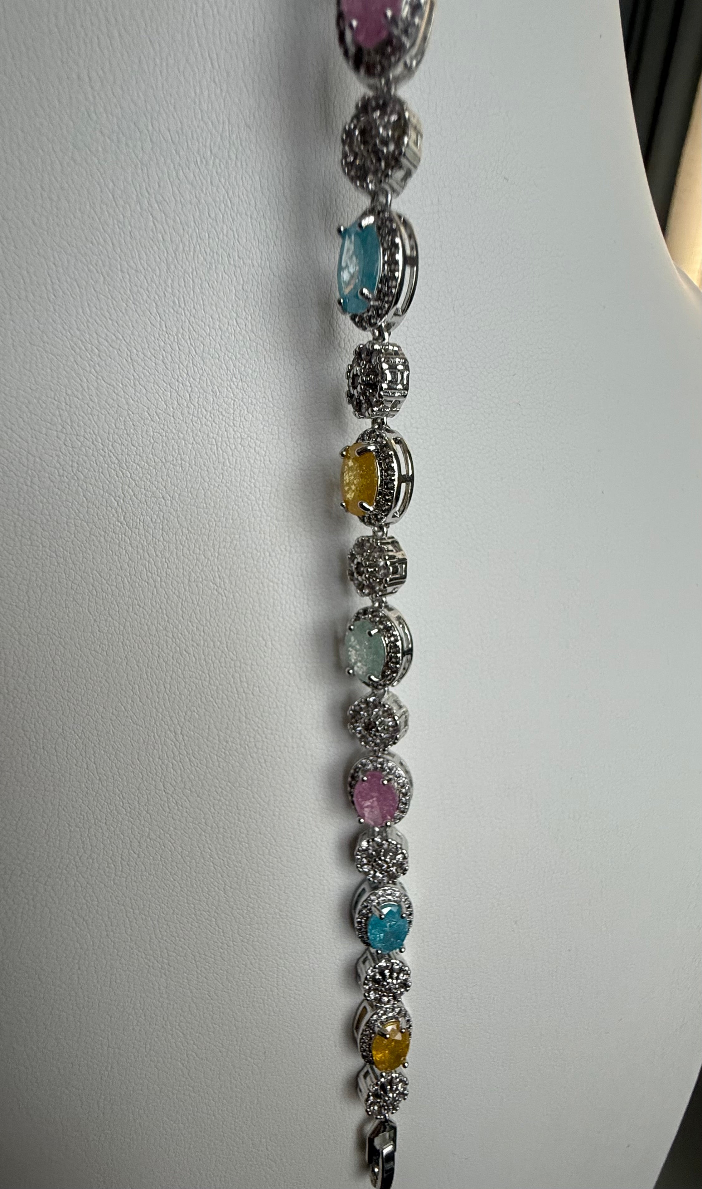 Multicolor Oval Crystal Halo Tennis Bracelet – Silver Tone Sparkling Statement Jewelry 7113