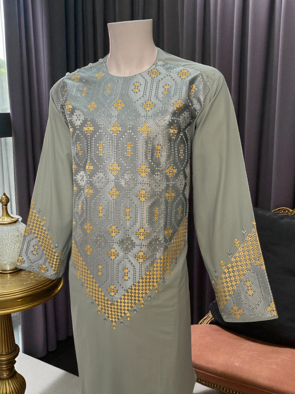 Men’s Pistachio Green Kameez – Pistachio with Gold Machine Embroidery | XL Afghan Traditional Wear