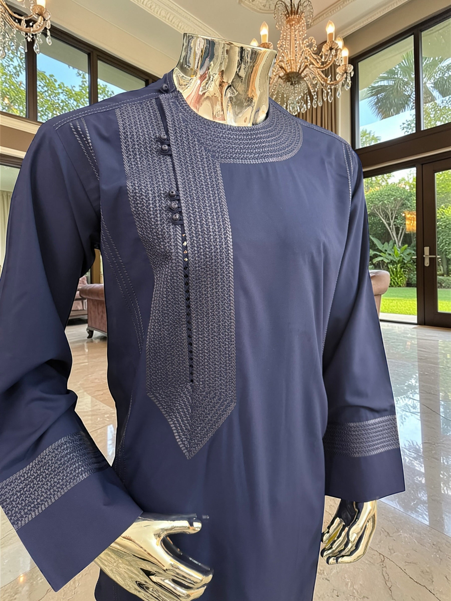 Traditional Afghan Parahan Tunban with Machine Embroidery – Navy Blue – XS