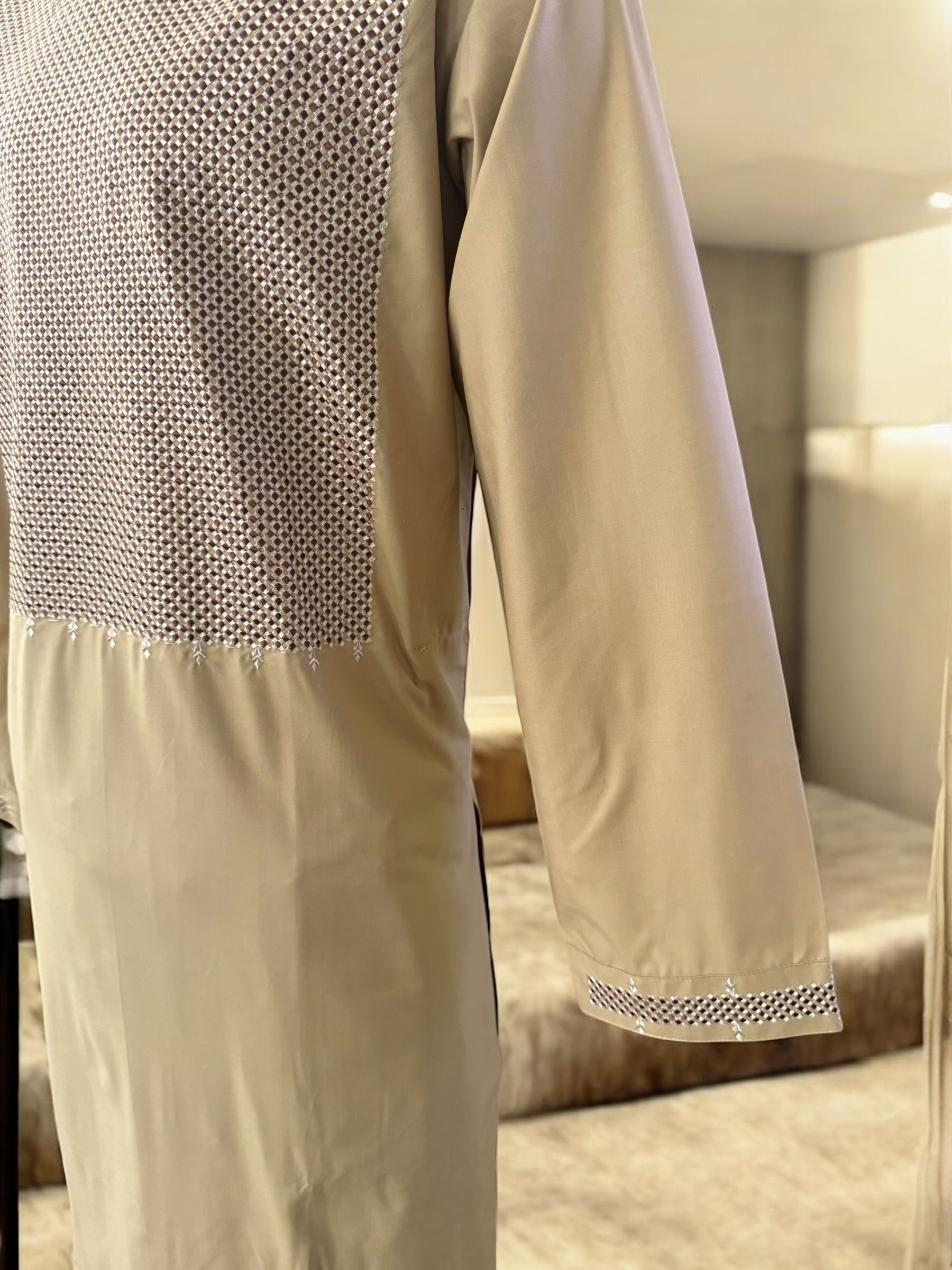 Afghan Parahan Tunban for Men – Beige Gold, XL (Defected Embroidery)
