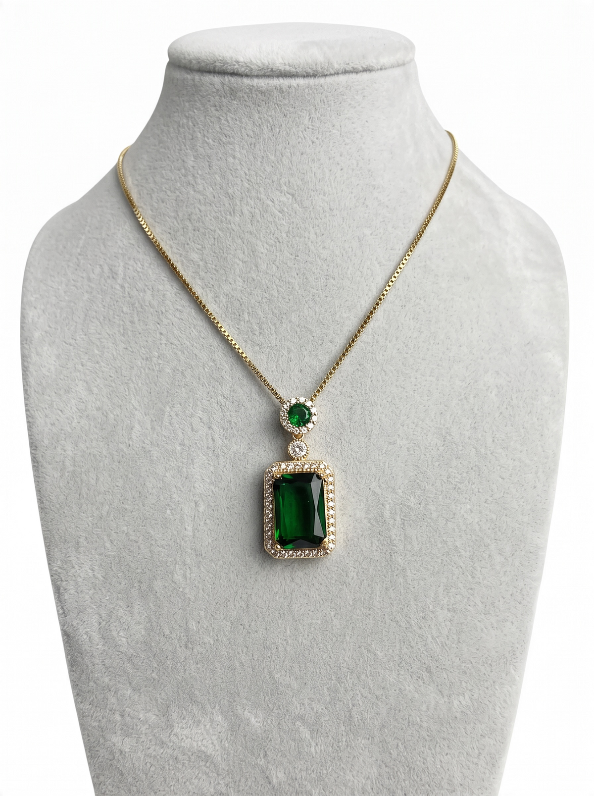 Emerald Green Halo Pendant Necklace – Gold-Tone Stainless Steel
