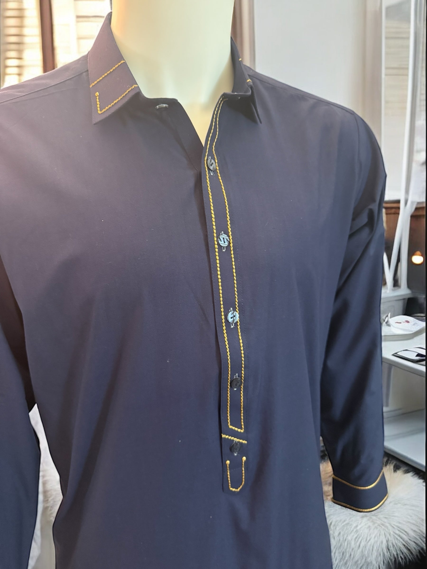 Afghan Parahan Tunban Kameese Shalwar with Minimal Embroidery Navy Medium