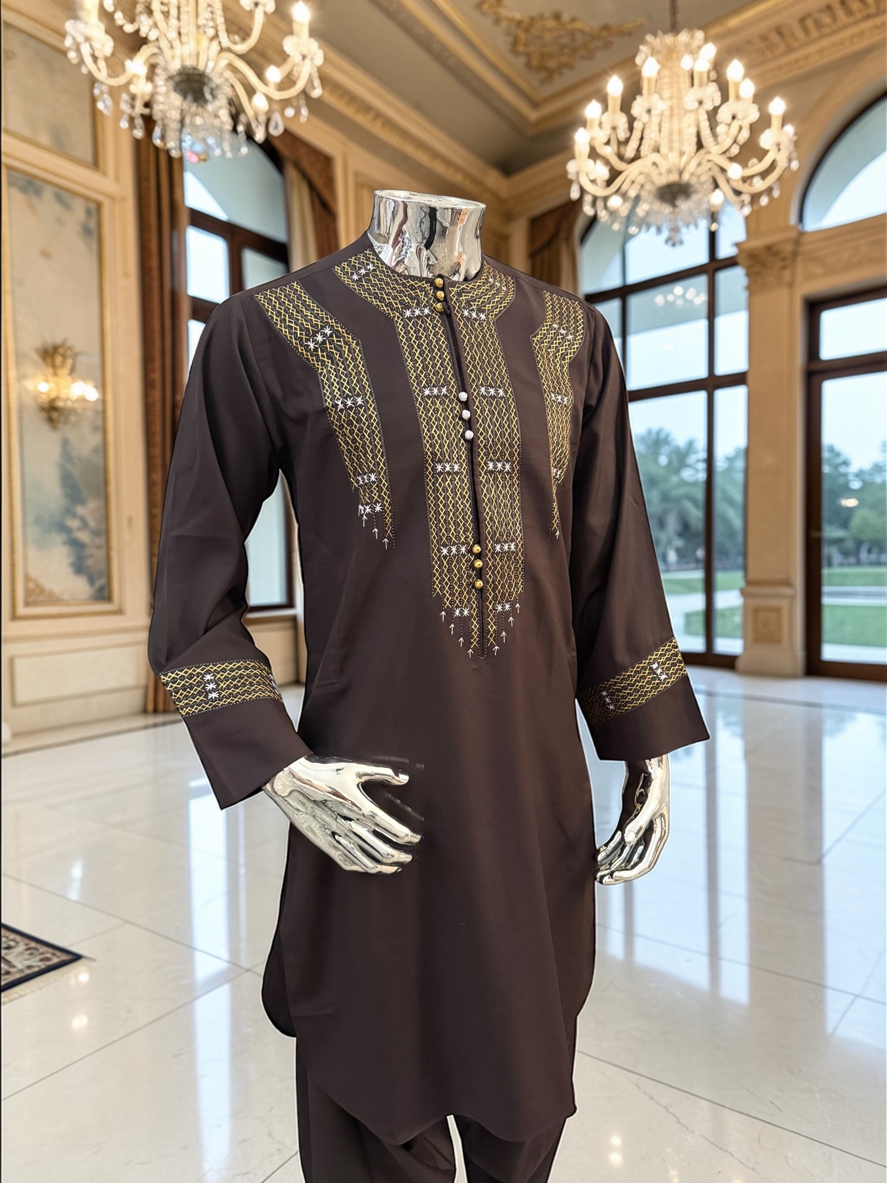 Hand Embroidered Afghan Parahan Tunban – Brown, Small to Extra Small