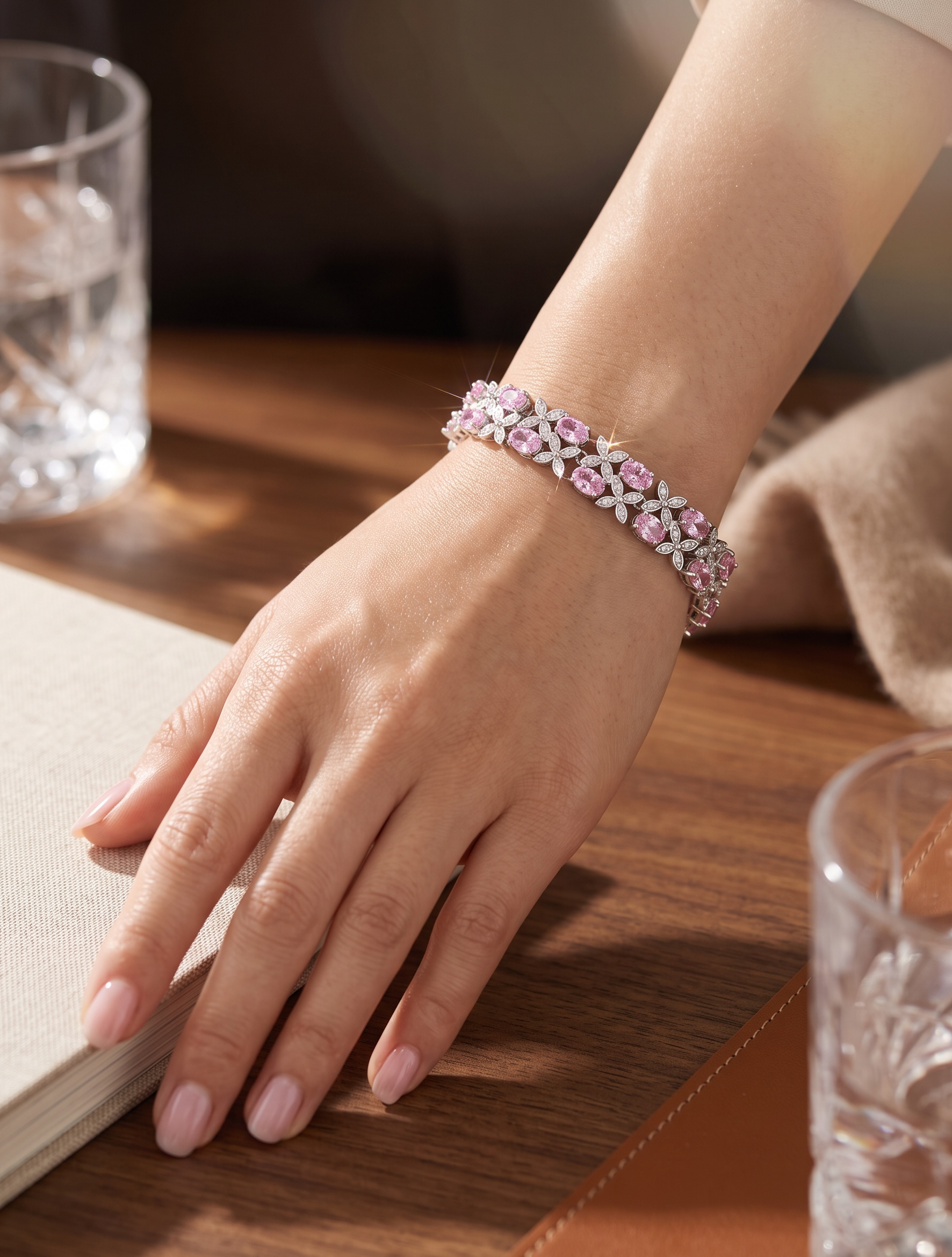Light Pink Crystal Floral Bracelet – Silver Tone Oval Stone Flower & Leaf Bracelet, jewelry Gift Box Included 7075