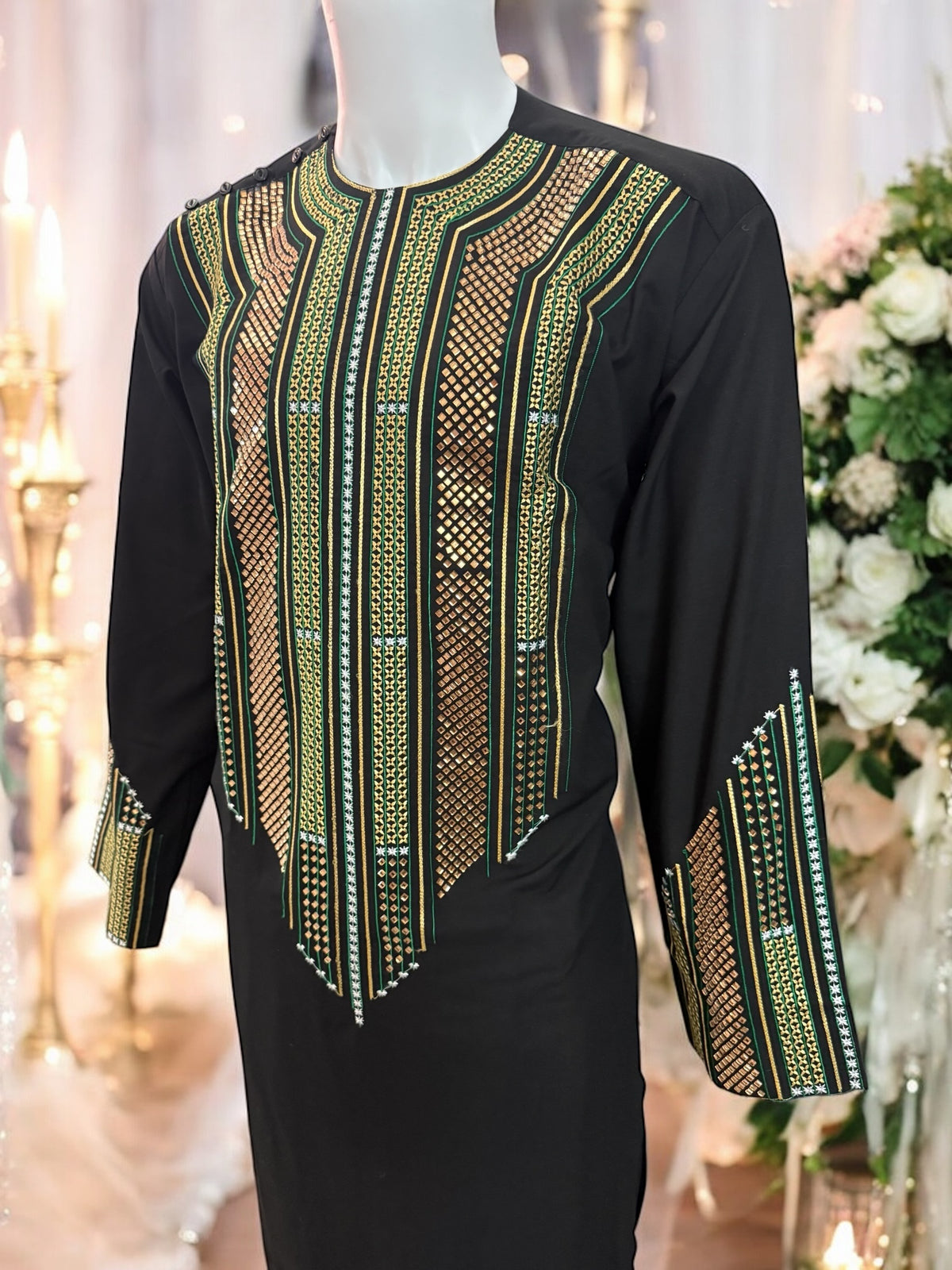 Afghan Parahan Tunban for Men Black Gold and Green Shesha Mirror Work Machine Embroidered Large