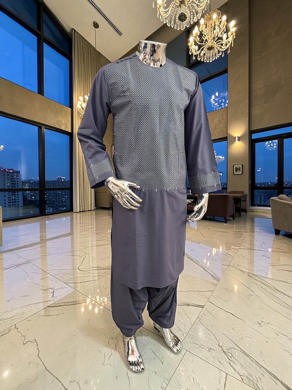 Men’s Grey Parahan Tumban with Matching Machine Embroidery – Traditional Afghan Outfit, Medium