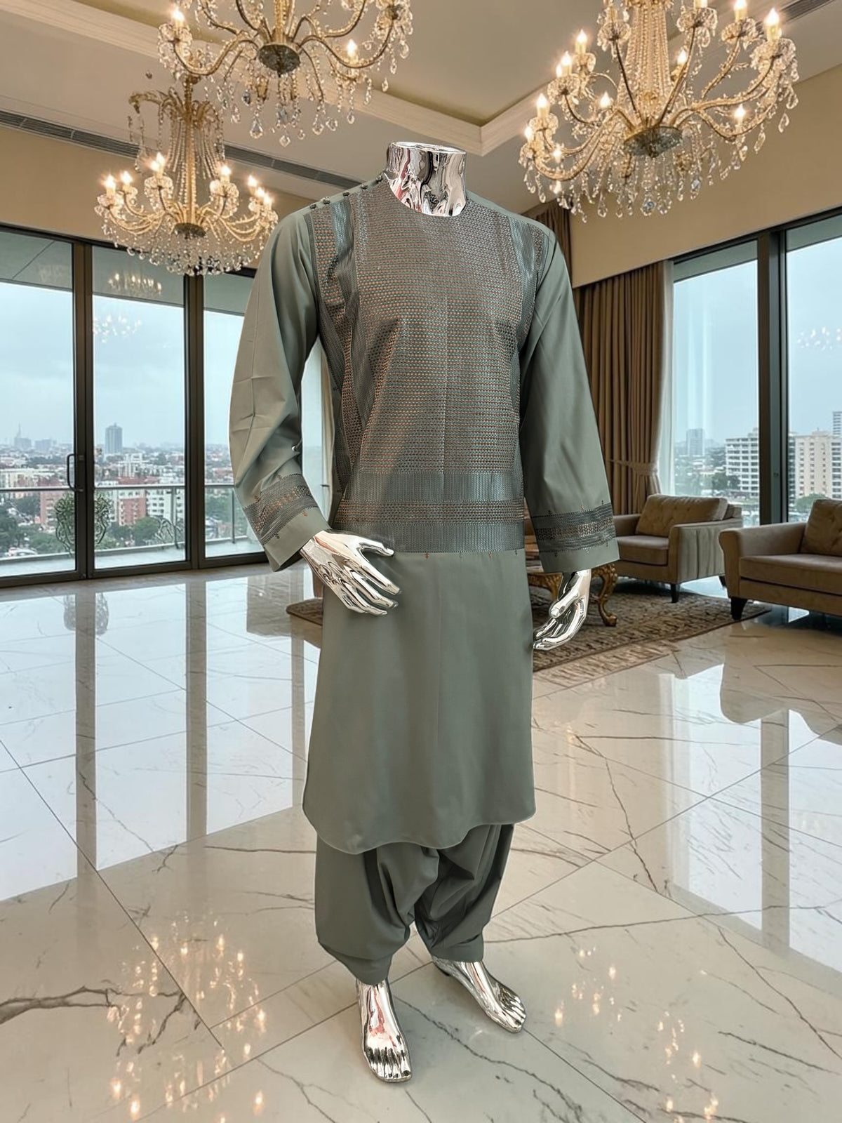 Medium Olive Green Afghan Parahan Tunban with Premium Machine Embroidery for Men