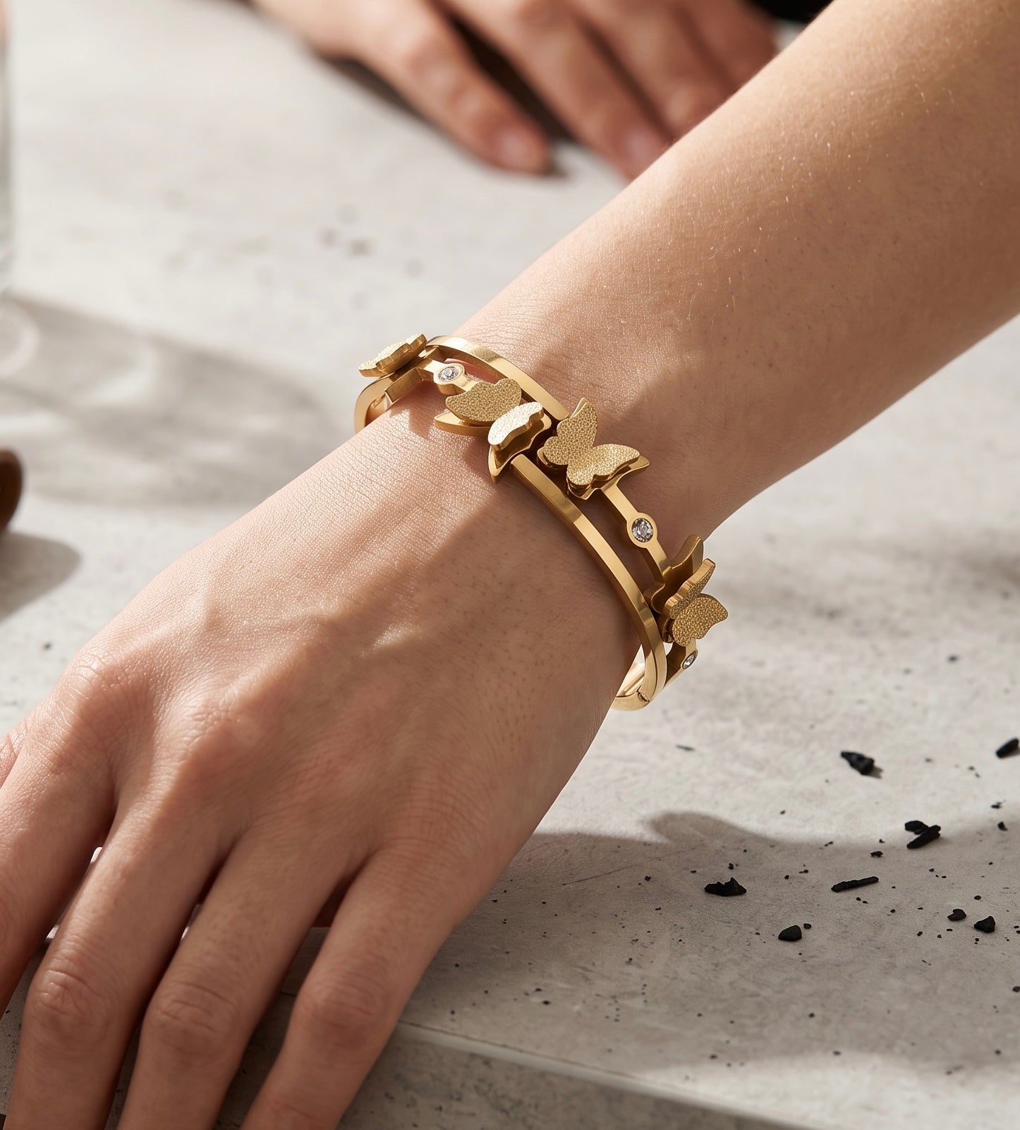 Gold Tone Stainless Steel Butterfly Bangle Bracelet with Clear Stone Accents 8062