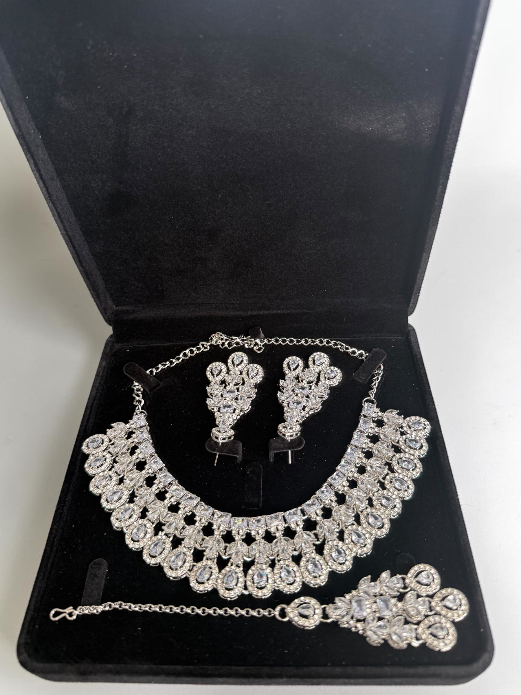 Luxury Clear American Diamond Bridal Jewelry Set with Maang Tikka | Premium Brass Statement Necklace & Earrings Gift Box Included 6034