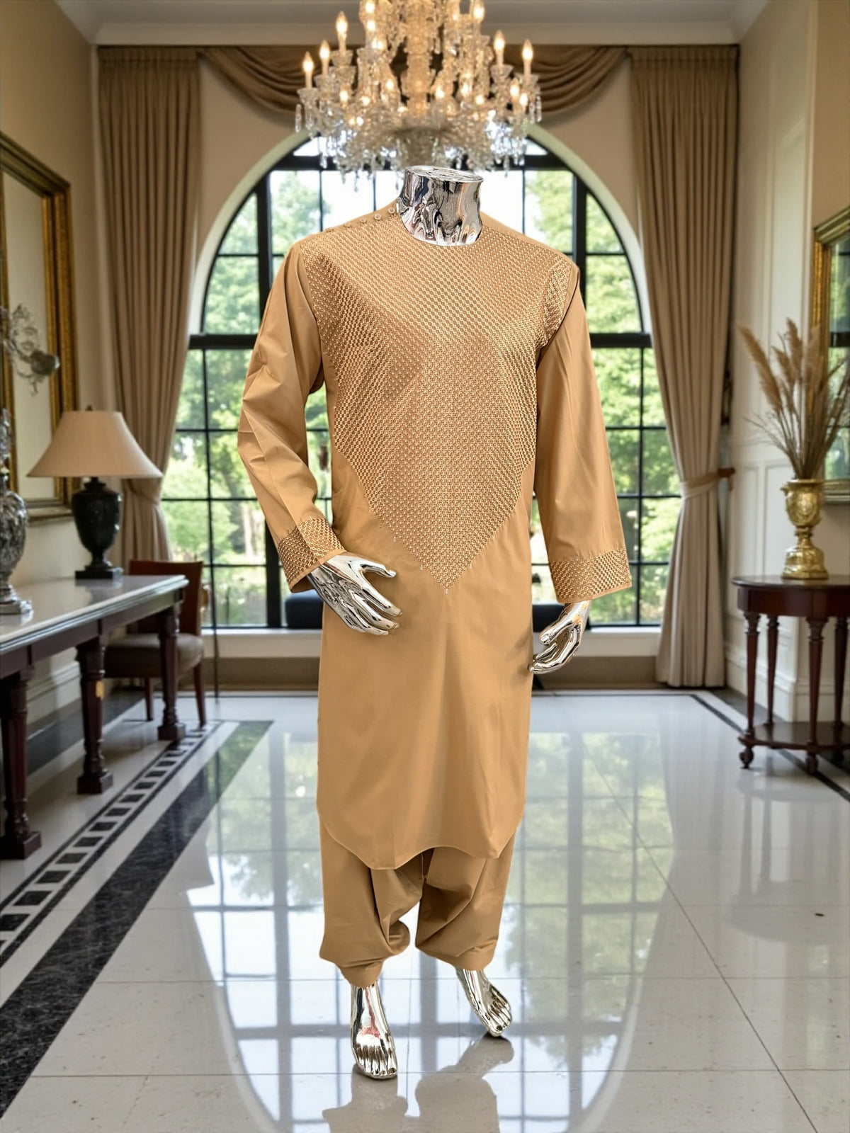 Large Golden Tan Afghan Parahan Tumban with Matching Khamak-Style V-Pattern Embroidery – Men’s Traditional Wear