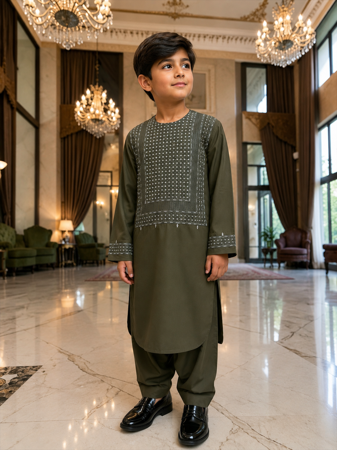 Kids Traditional Afghan Clothing – Olive Green Parahan Tunban for Boys Design #23