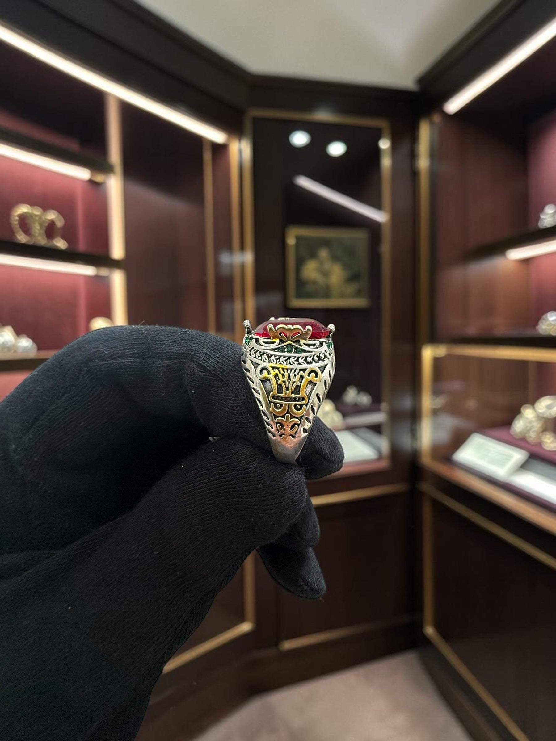 Vintage Turkish Inspired Signet Ring with Cubic Zirconia Stone – Silver Plated Two-Tone Men’s & Unisex Statement Ring – Available in Black, Green, Red, Gold, Navy & Blue