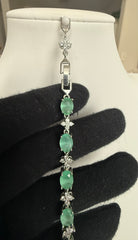 Mint Green Oval Crystal Link Bracelet – Silver-Tone Floral Accent Bracelet for Women 7125