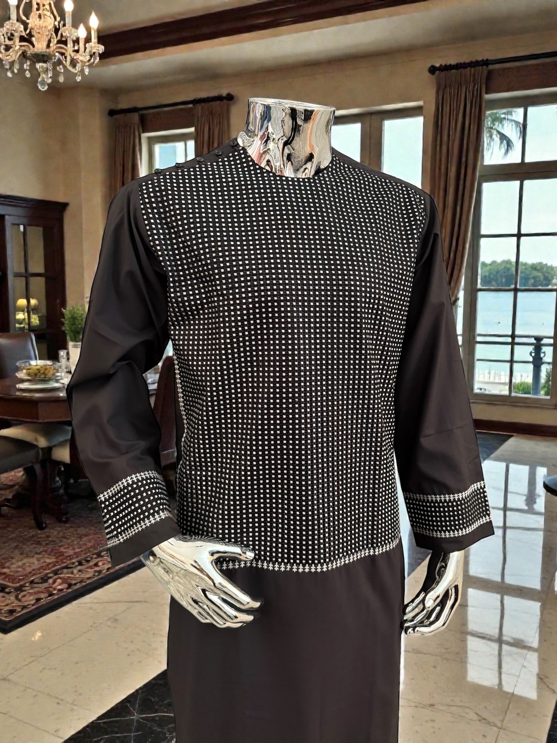 Men’s Dark Grey Parahan Tumban with White Embroidery – Afghan Traditional Outfit (Medium)