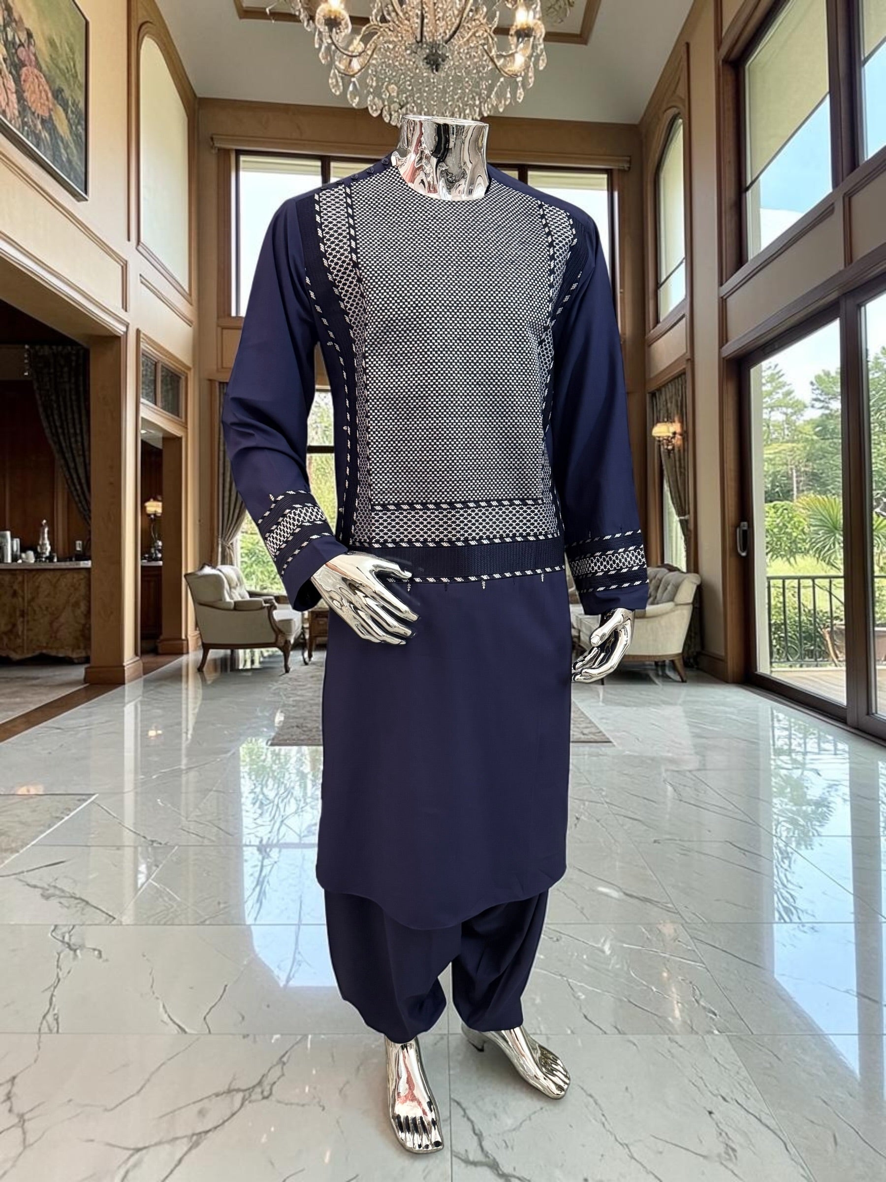 Large Navy Blue Afghan Parahan Tunban Set with Premium Machine Embroidery