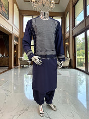 Large Navy Blue Afghan Parahan Tunban Set with Premium Machine Embroidery