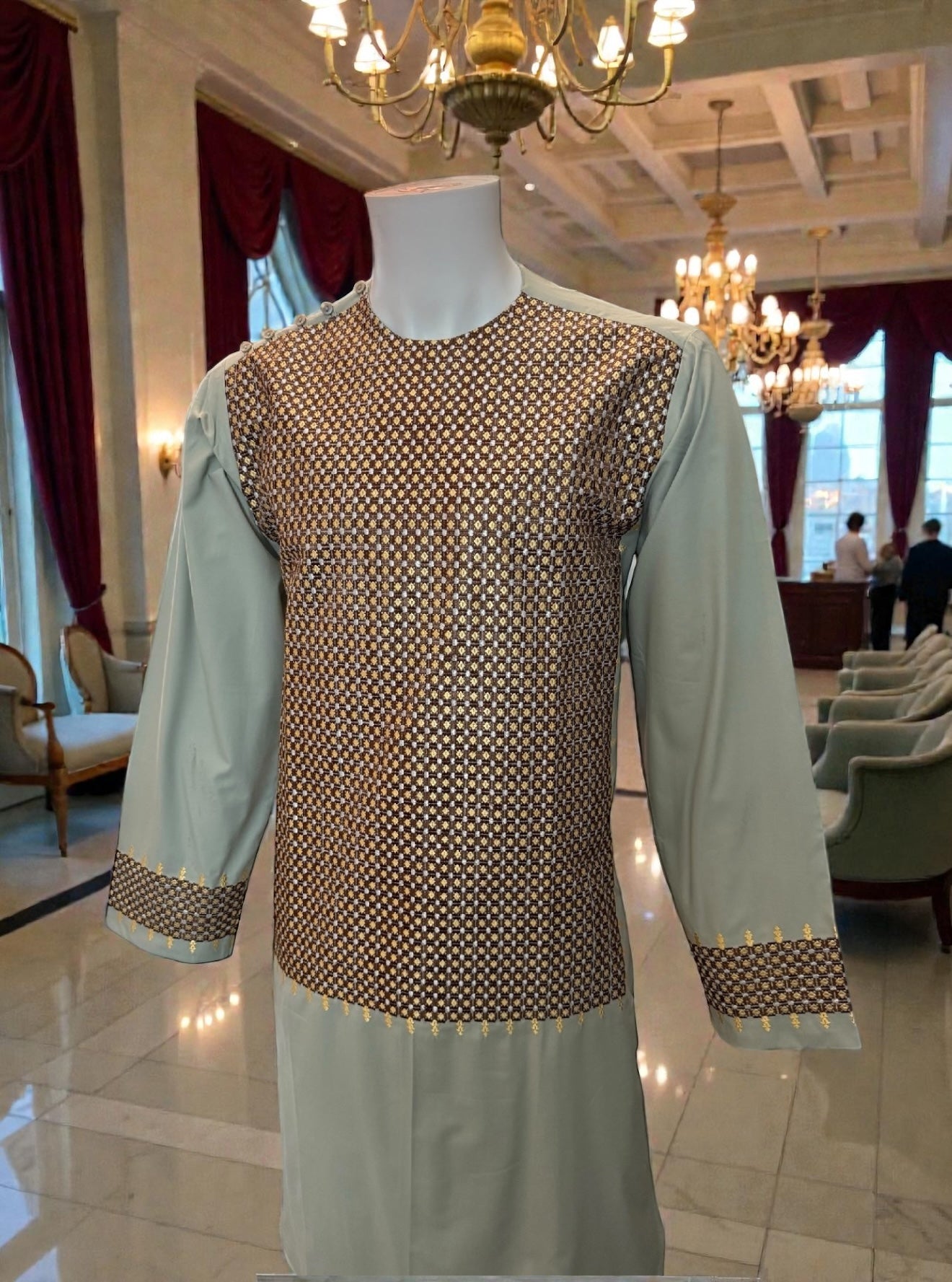 Medium Sage Green Afghan Parahan Tunban for Men with Machine Embroidery