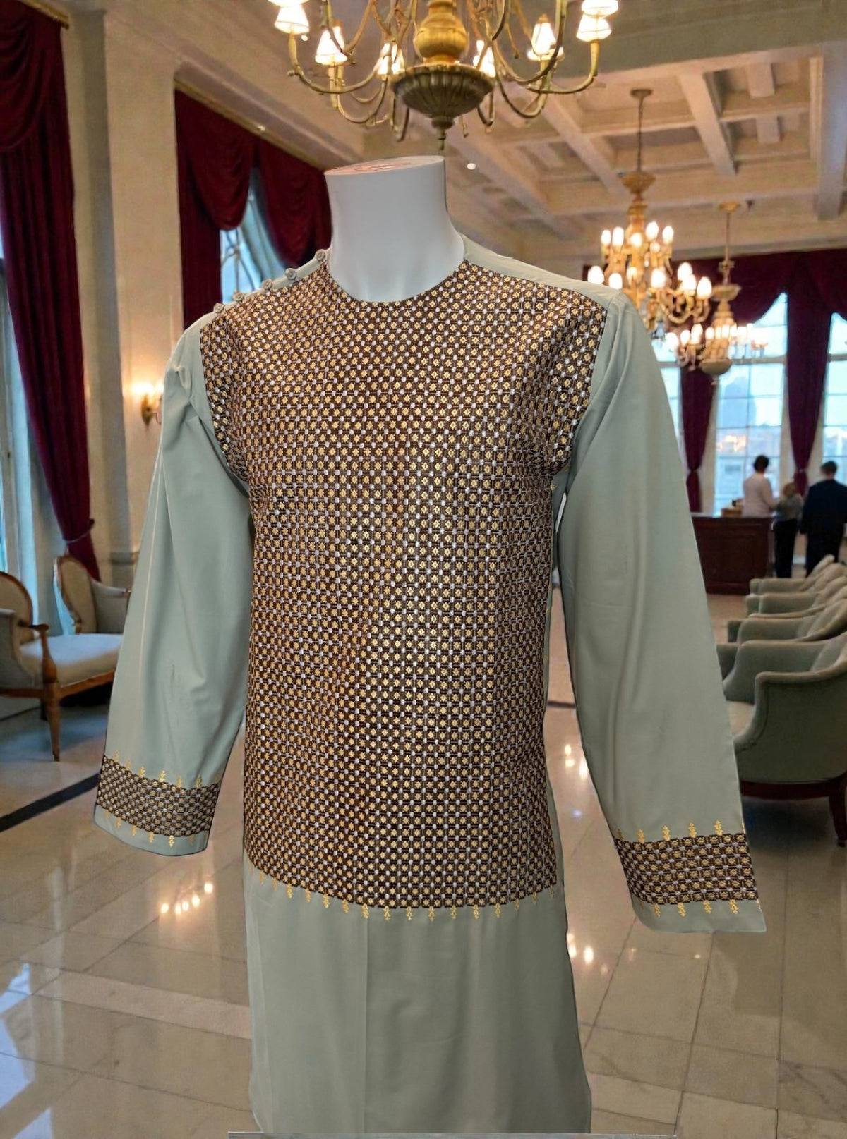 Medium Sage Green Afghan Parahan Tunban for Men with Machine Embroidery
