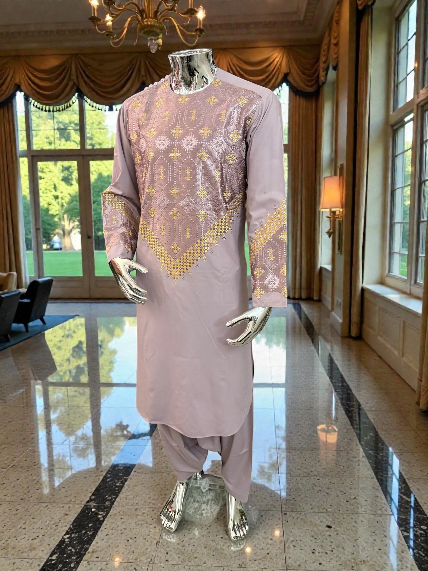 Men’s Lavender Parahan Tumban with Gold Embroidery | Traditional Afghan Outfit | Luqmaan Boutique