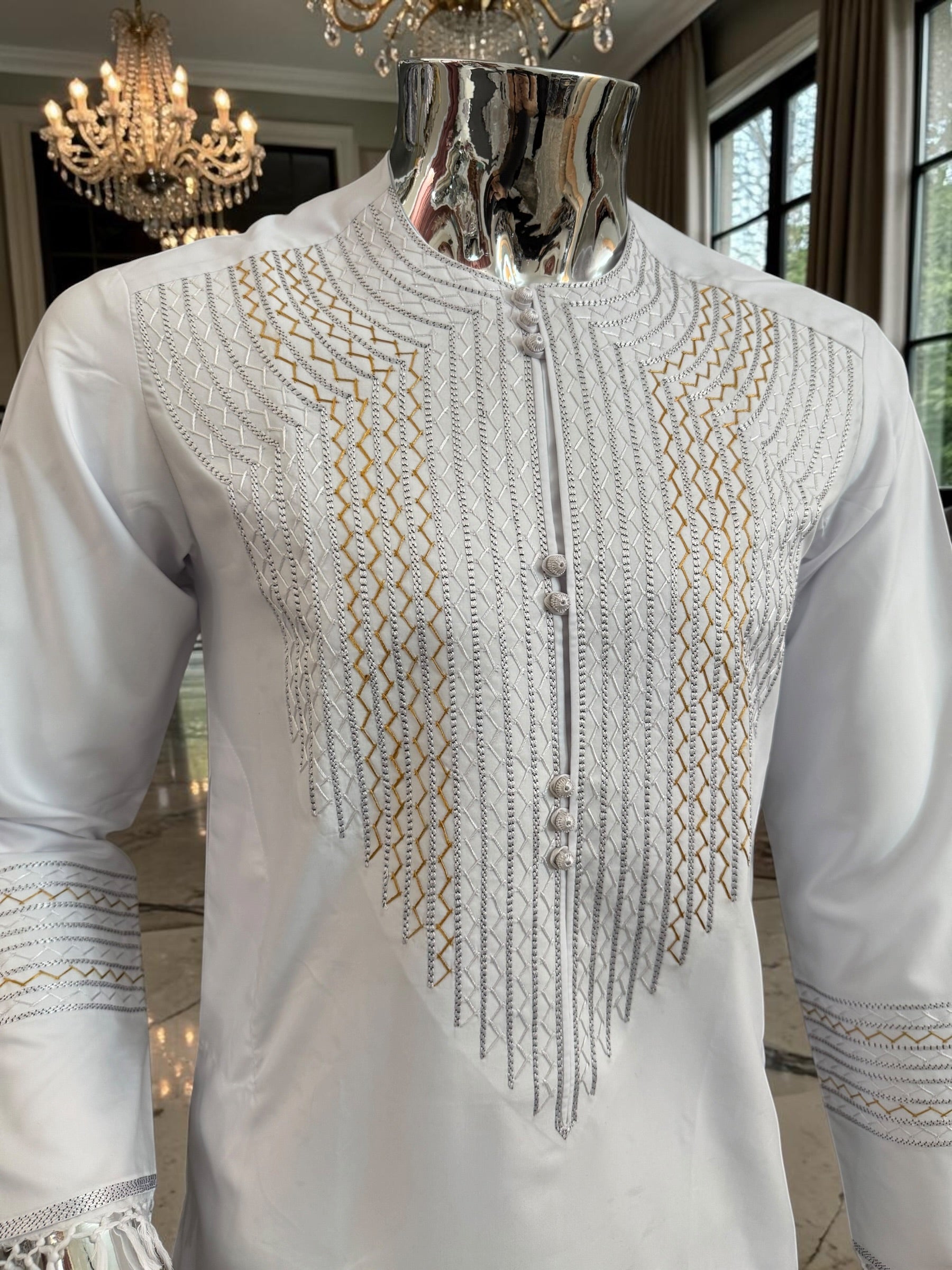 X-Small to Small Men’s White Afghan Parahan Tunban – Handmade Gold Embroidery on Chest & Sleeves