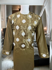 Afghan Parahan Tunban with Machine Khamakdozi Embroidery – Olive Gold – Large