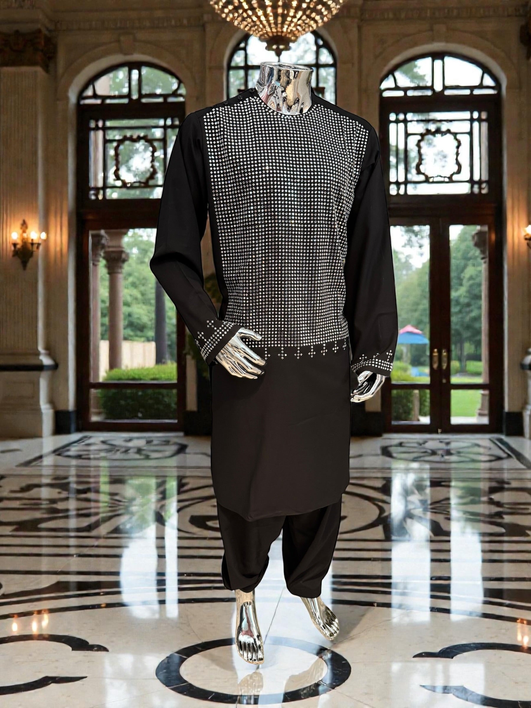 Men’s Black Afghan Traditional Kameez Shalwar with Geometric Mirror Embroidery – Formal Wear Afghan Small.  Minor Imperfection – Special Discount