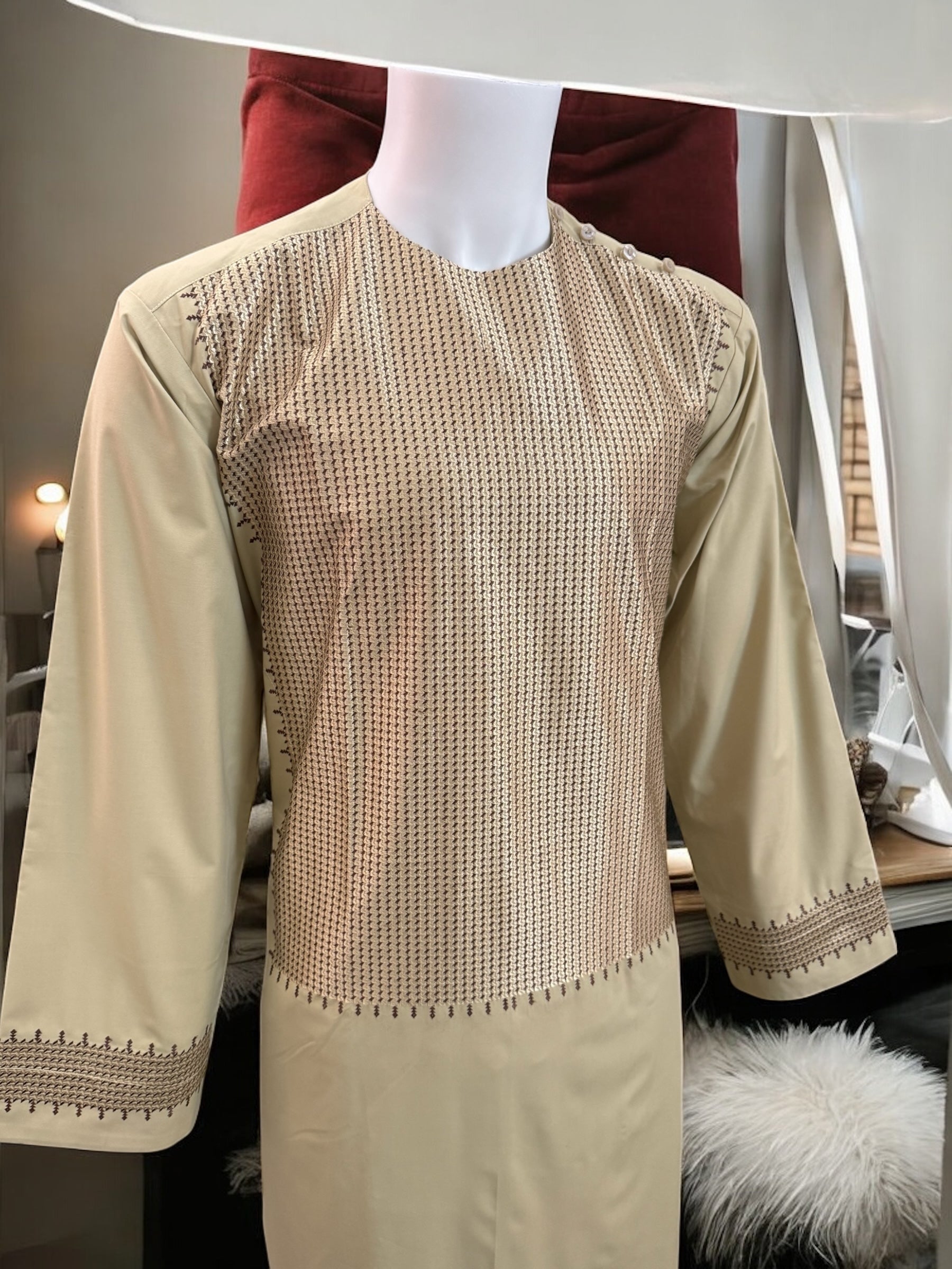 Machine Khamakdozi Embroidered Parahan Tunban for Men – Light Gold | Small