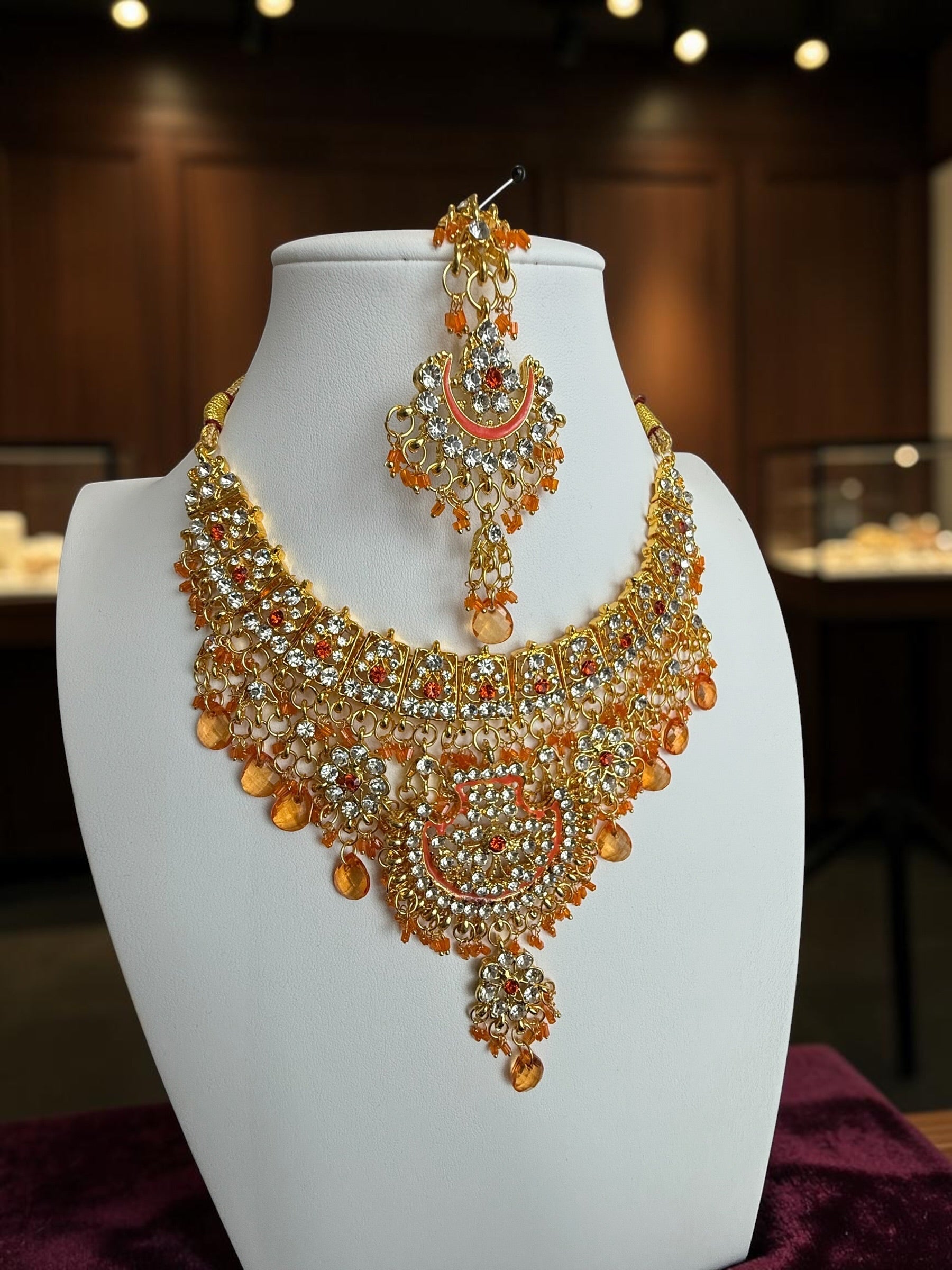 Golden Sunset Kundan Style Bridal Jewelry Set with Necklace, Earrings & Maang Tikka | Indian Pakistani Afghan Wedding Jewelry | Gift Box Included 7010