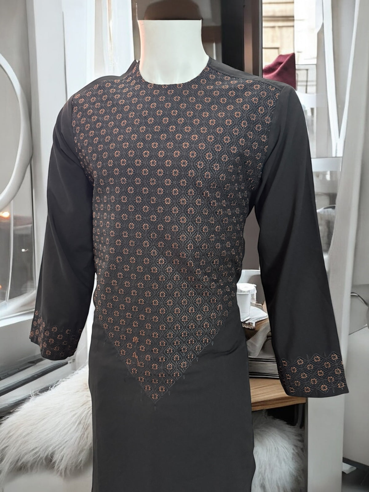 Men’s Black Parahan Tumban with Brown Khamak Embellishment – Traditional Afghan Design – Small Size