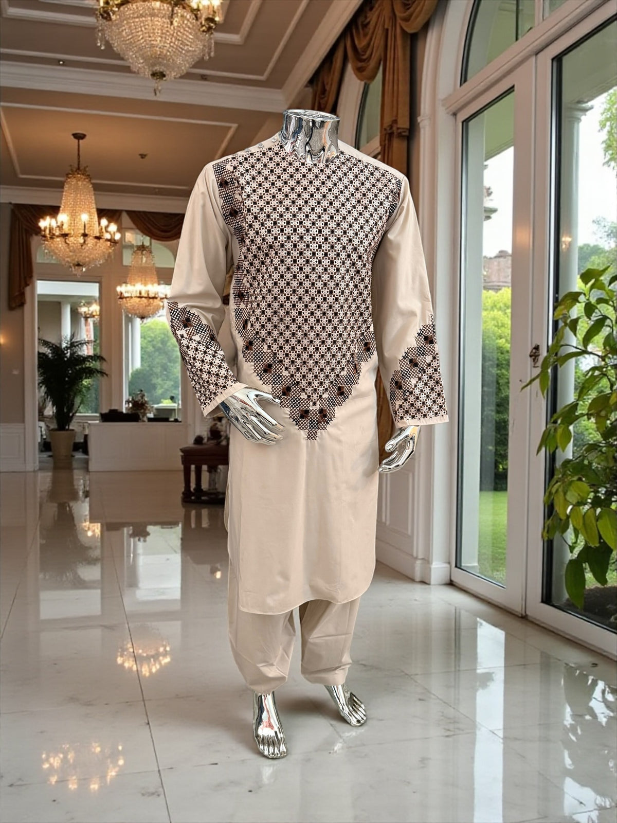 Men’s Cream Kameez with Brown and Black Embroidery – Large  fabric defect special price