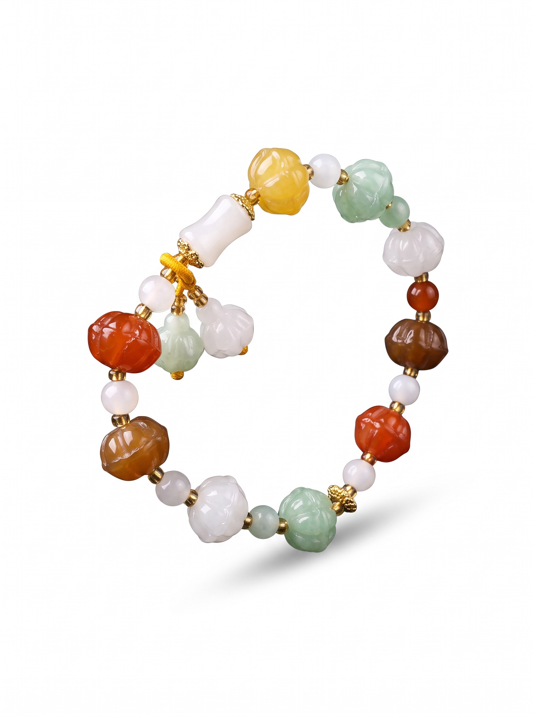 Multicolor Carved Floral Bead Bracelet with Charms for Women