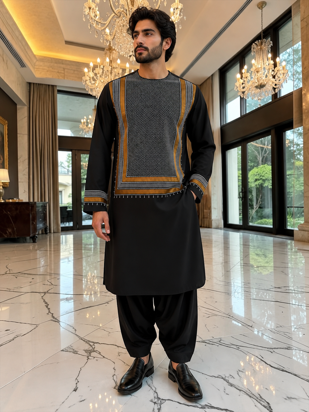 Large Men’s Black Parahan Tunban with White & Bronze Embroidery | Premium Afghan Traditional Wear – Luqmaan Boutique