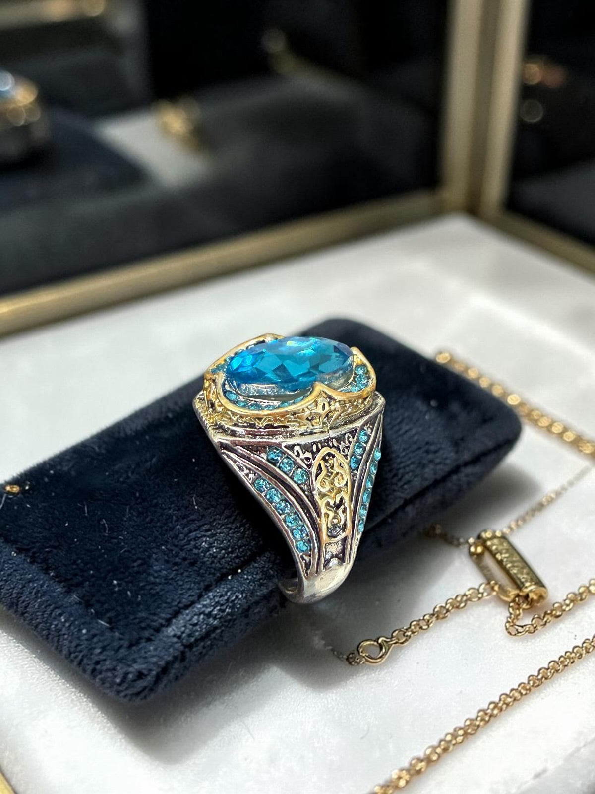 Men’s Vintage Blue Crystal Statement Ring – Silver Plated Ottoman Turkish Style Gemstone Ring G3