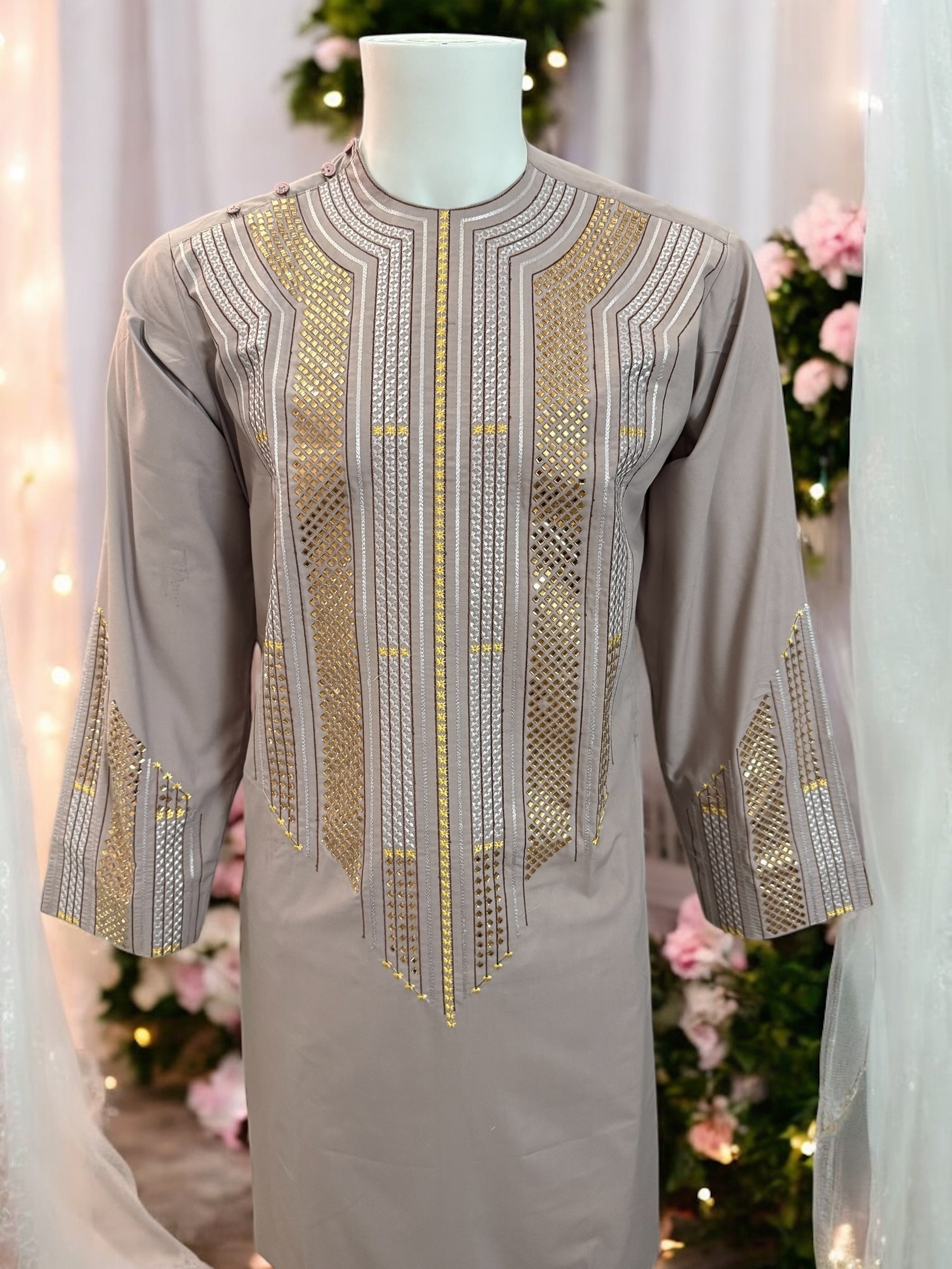 Afghan Parahan Tunban for Men Pale Rose Silver and Gold Shesha Mirror Work Machine Embroidered Small