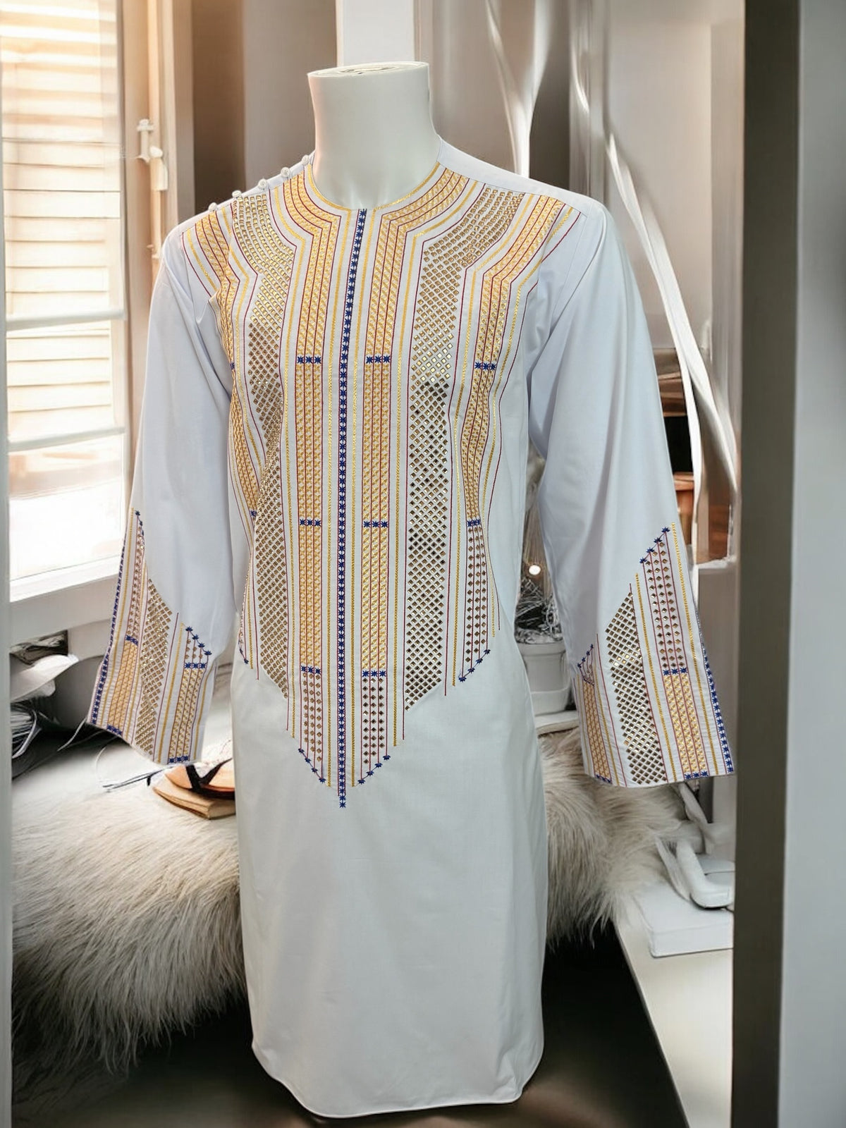 Afghan Parahan Tunban Kameese Shalwar White Gold Shesha Embroidered Small