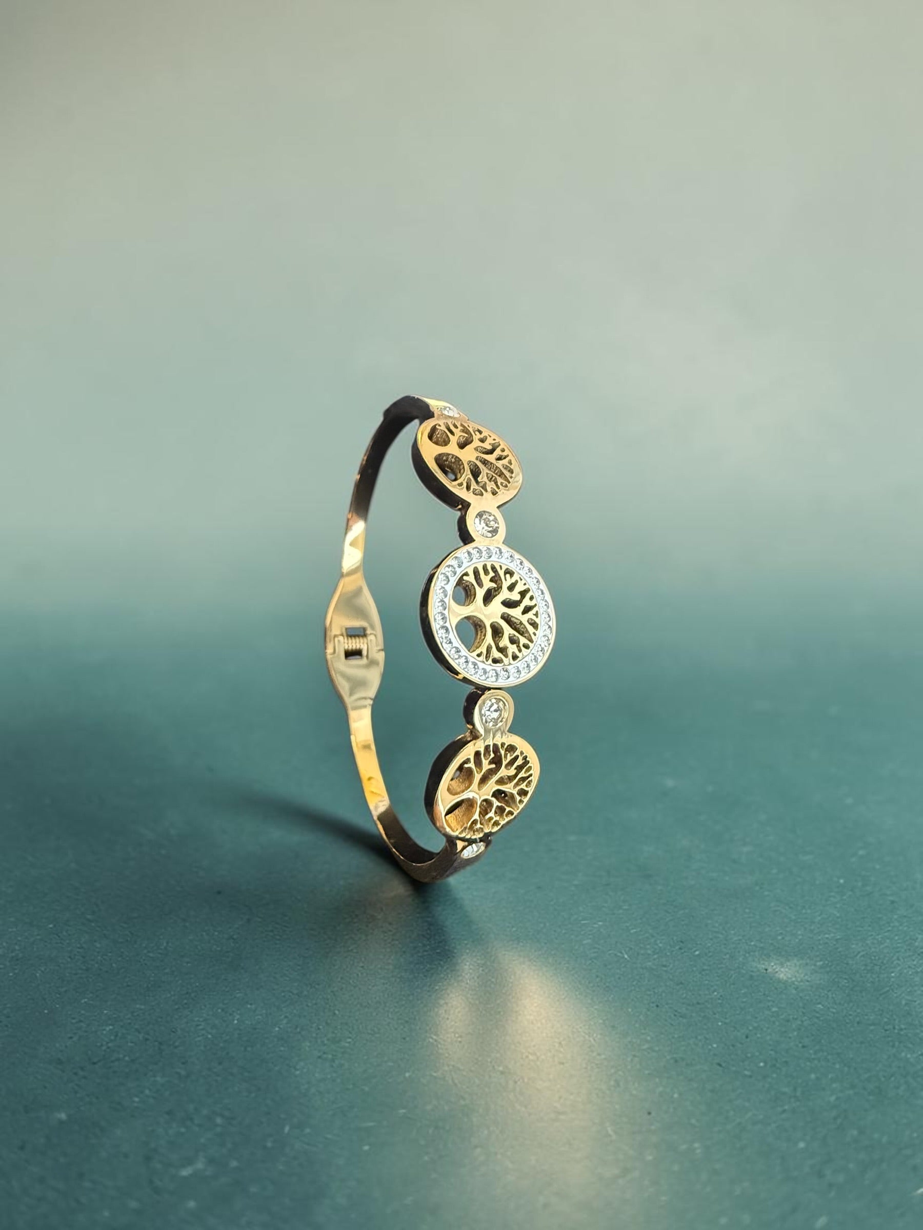 Tree of Life Crystal Bangle – Gold-Tone Stainless Steel 8025