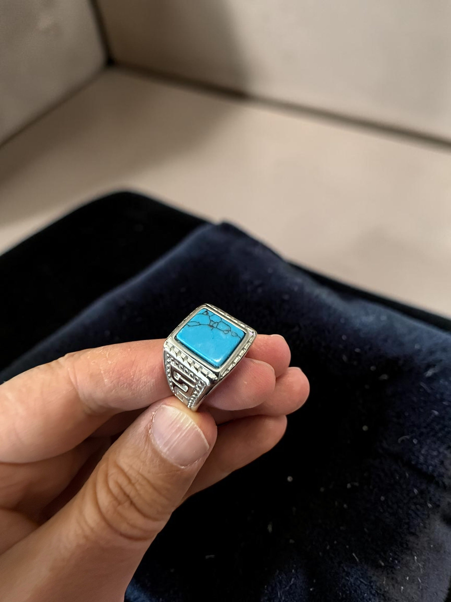 Vintage Turquoise Stone Signet Ring – Silver Tone Statement Ring