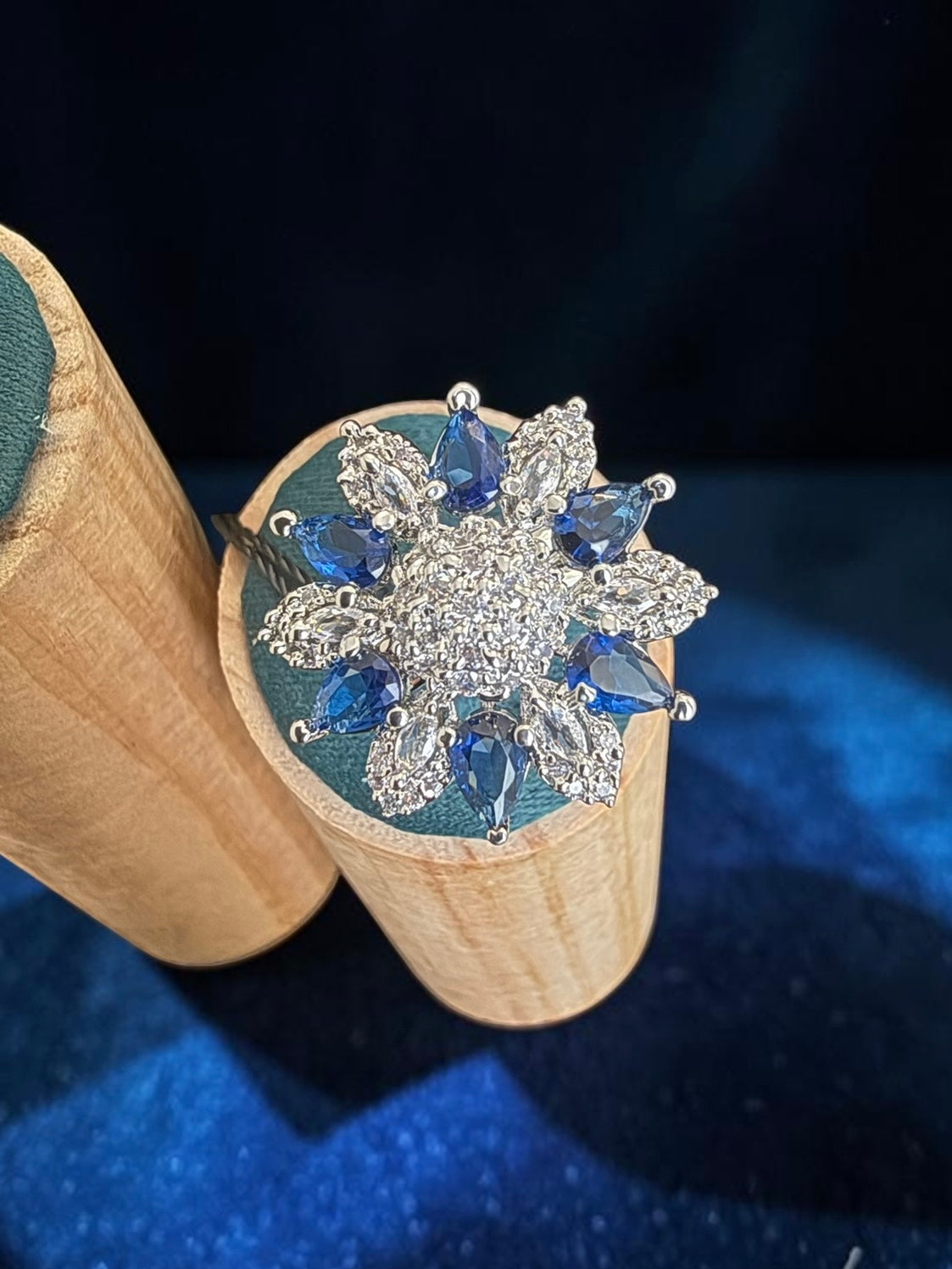 American Diamond Floral Statement Ring – Adjustable Pear-Cut Crystal Cocktail Ring, 7 Colors, Gift Box Included