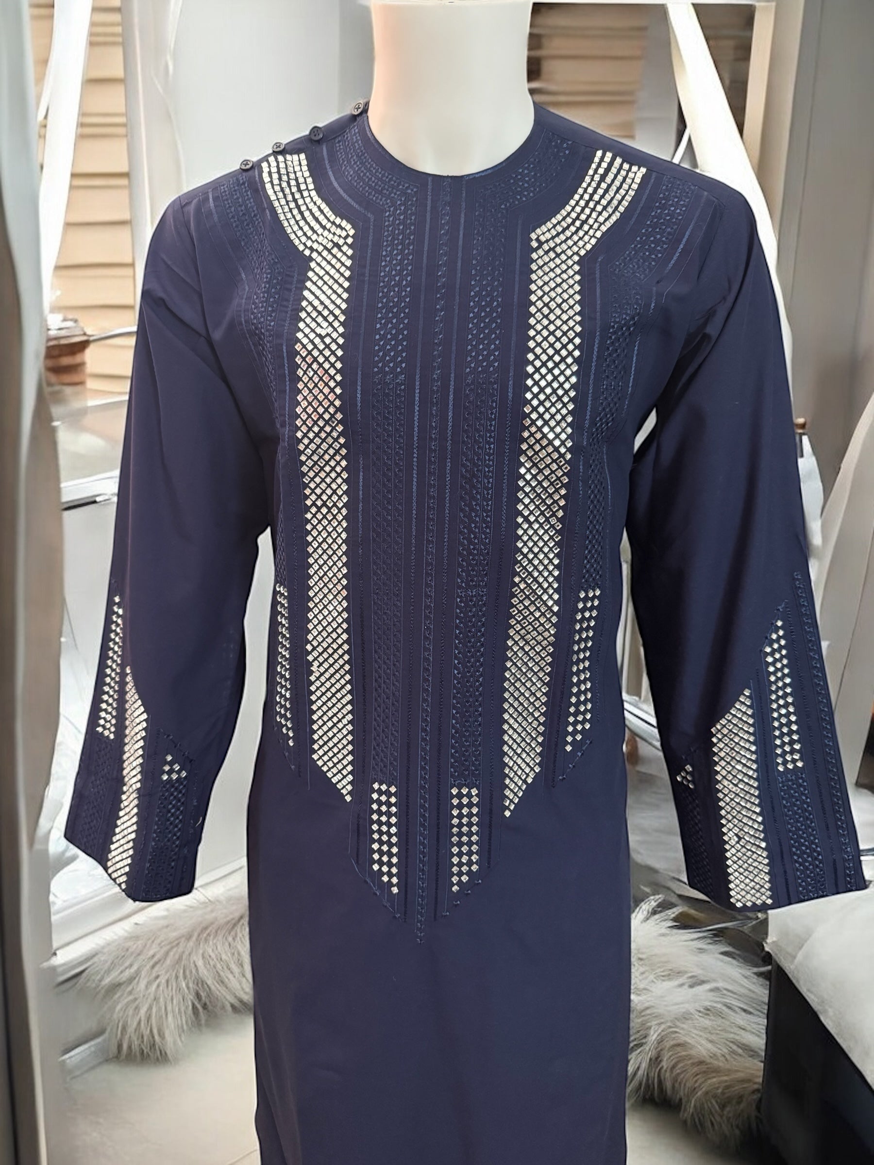 Afghan Parahan Tunban for Men Navy Blue Silver Shesha Mirror Embroidery Medium