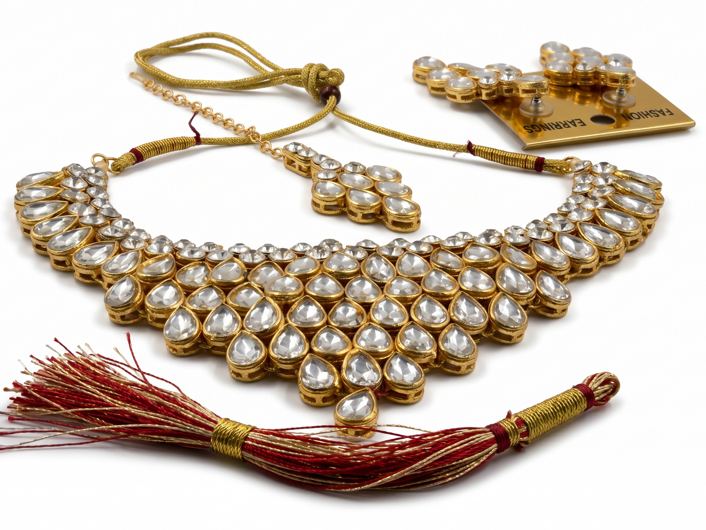 Pakistani Indian Kundan Bridal Jewelry Set – Gold Tone Crystal Statement Necklace, Earrings & Maang Tikka | Wedding & Party Jewelry 022