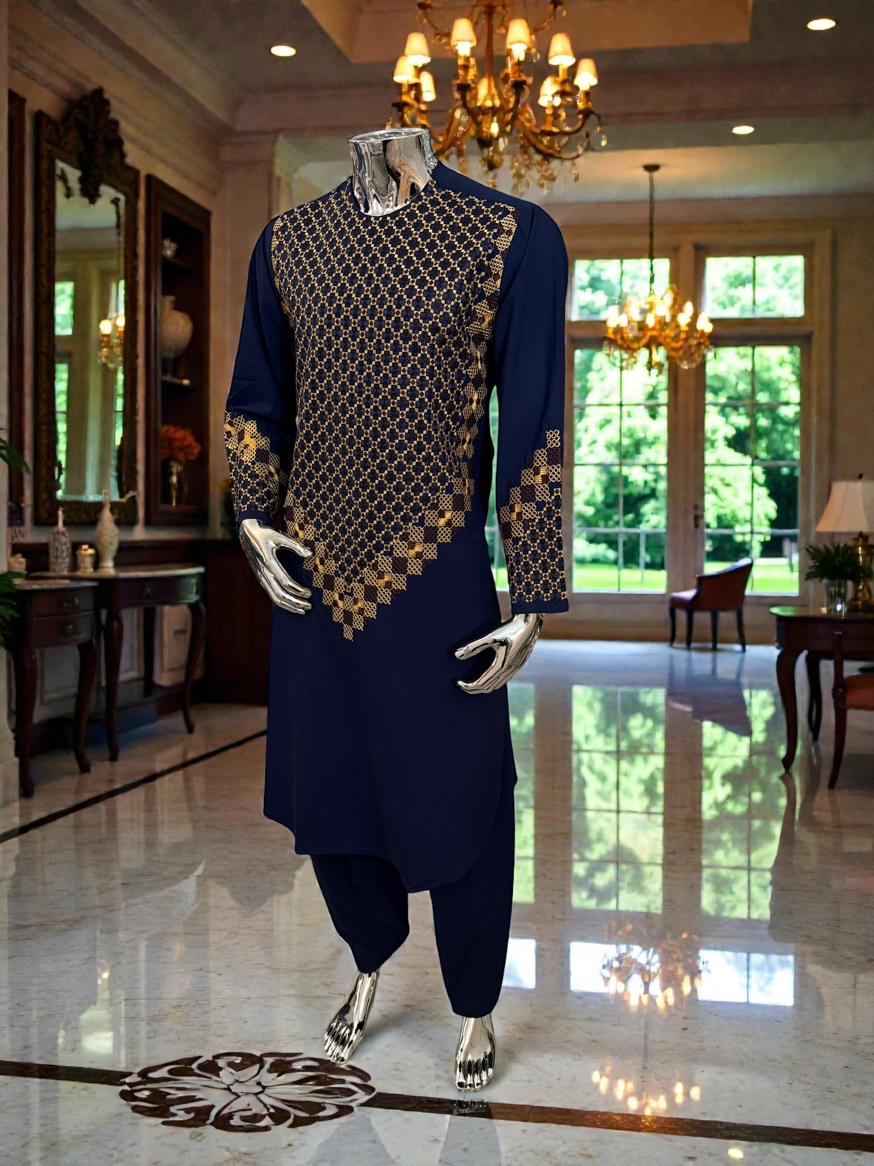 Men’s Navy Blue Kameez – Navy with Gold Machine Embroidery | XL Size Afghan Traditional Wear