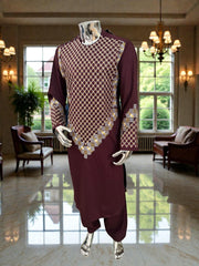 Men’s Maroon Kameez with Gold and White Machine Embroidery – Large Tall | Luqmaan Boutique