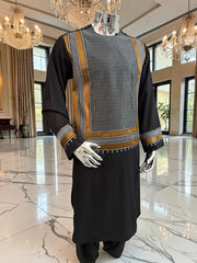 Large Men’s Black Parahan Tunban with White & Bronze Embroidery | Premium Afghan Traditional Wear – Luqmaan Boutique